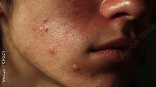 A detailed macro shot of a face showing skin issues including red pimples, acne breakouts, oily texture, and enlarged pores for dermatological concept.