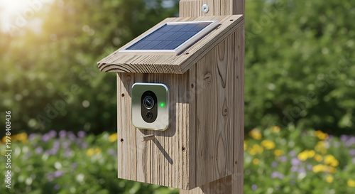 Wooden solar powered wildlife camera in garden