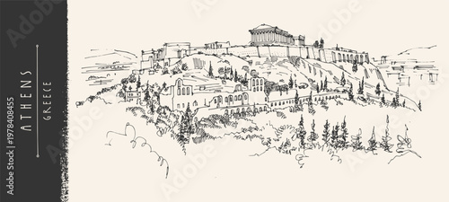 Athens, Greece Parthenon temple, Acropolis hill sketch drawing postcard. Greek ancient architecture building. Columns, pillars city skyline panoramic view. Hand-drawn landmark travel vintage poster bg