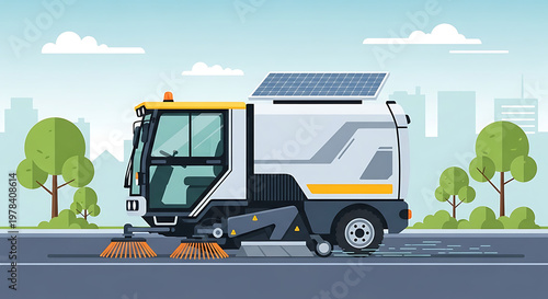 Street sweeper vehicle cleaning road surface