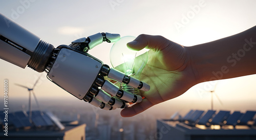 Human and robotic hand touching with green energy
