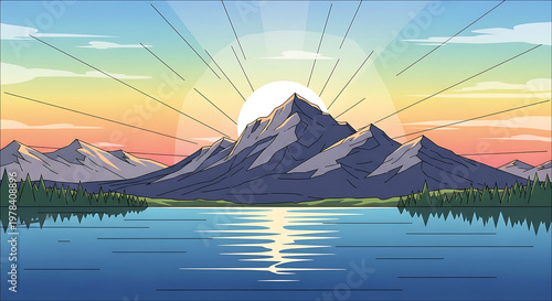 Sunrise over serene mountain lake landscape
