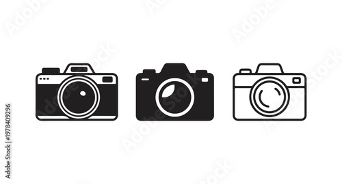 Black and white camera icons, filled and outline designs, for photography concepts