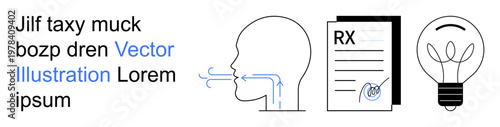 Human health, ideas, innovation, documentation, pharmacy, anatomy. Profile of head with airflow, prescription paper light bulb. Human health and ideas combined into a conceptual theme