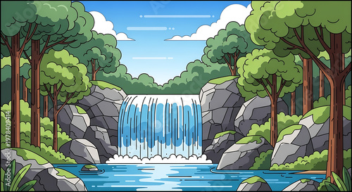 Serene waterfall in a lush forest with rocks and trees
