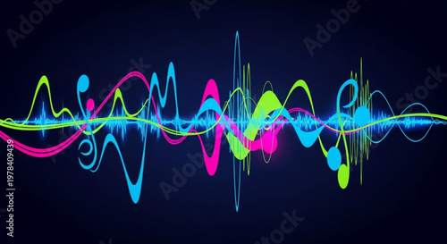 Vibrant sound wave graphic with neon pink blue and green hues on dark background conveying music and technology concepts