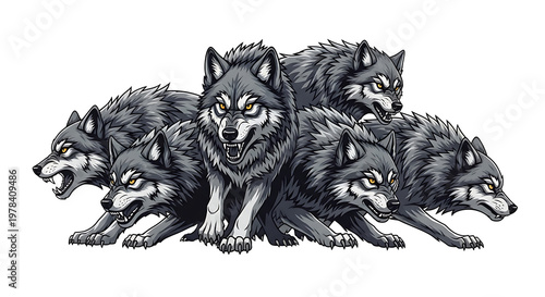 Pack of gray wolves moving together in unity and strength