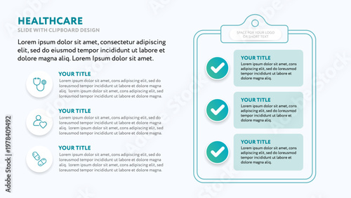 Medical business presentation slide template with clipboard 3-item checklist - modern minimalist design with line icons in flat style