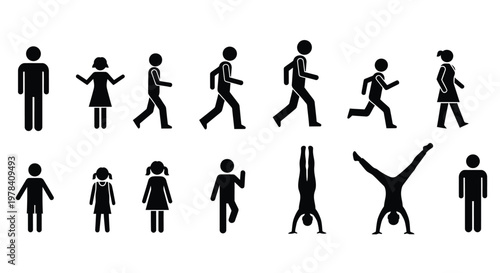 A collection of black stick figures depicting various human activities and poses against white