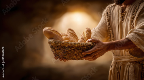 Ancient Biblical Hands Holding Basket with Bread, Miracle of Jesus Christ Concept
