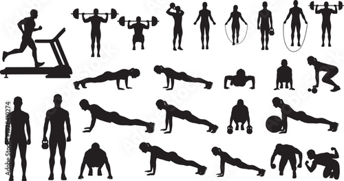 Diverse Silhouettes Illustrating a Comprehensive Range of Fitness Workouts, Strength Training, and Active Lifestyle Exercises, Embodying the Concept of Physical Well-being and Health