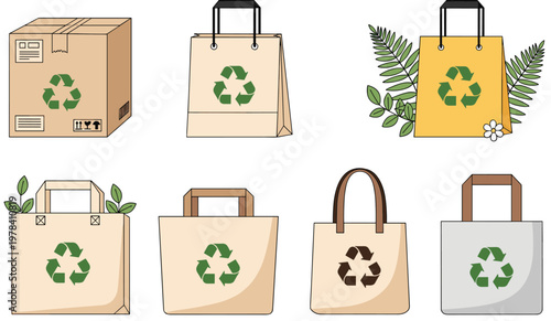 Eco Recyclable Packaging Vector Set with Paper Bags Cardboard Box and Sustainable Shopping Tote Illustration Collectio