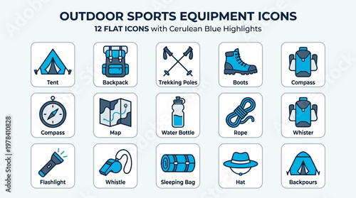 Outdoor Sports Equipment: A collection of meticulously crafted flat icons showcases essential outdoor sports equipment, designed with cerulean blue highlights for visual clarity.
