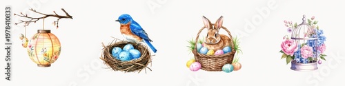 Watercolor collection featuring an Easter bunny in  basket  bluebird in  nest  floral lantern and  birdcage