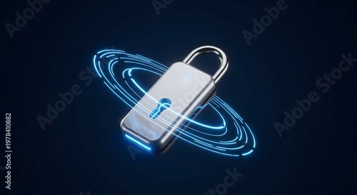 Close-up of a silver padlock with glowing blue digital light rings representing cyber security on a dark background