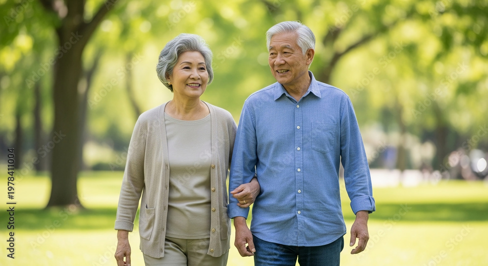 Obraz premium A smiling elderly Asian couple walking arm in arm through a lush green park on a sunny day, enjoying each other's company and a peaceful stroll surrounded by nature