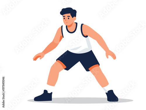 Basketball player in defensive stance position. Sport training and gameplay concept illustration.