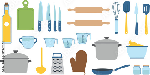 Kitchen Utensils and Cooking Tools Vector Set with Pots Knives Whisk Rolling Pins Measuring Cups and Bakeware Illustration
