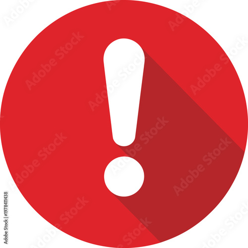 Red exclamation mark icon, circular button alert symbol isolated on white background for attention warning notification and UI design elements.