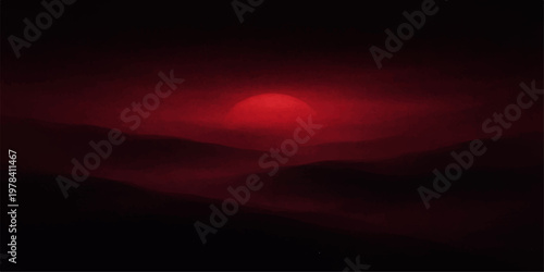 A breathtaking mountain landscape at dusk reveals a vibrant horizon where the orange sun sets over peaks under a colorful sky of red and blue clouds