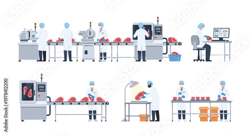 Skilled factory workers wearing white lab coats and blue hairnets meticulously process raw red meat cuts on long industrial conveyor belts in a plant.