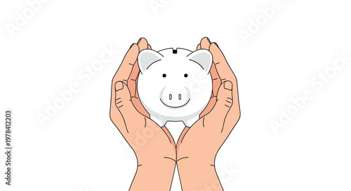 Two hands with clear black outlines support a white piggy bank from the front showing its cute face and snout against a minimalist white background.