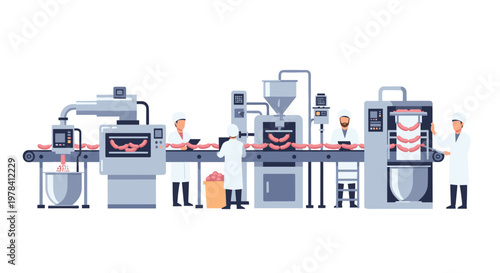Industrial sausage manufacturing line shows workers in white uniforms operating complex machinery that produces long continuous chains of sausages.