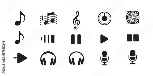 Music and audio player icons with notes, play, pause, and volume controls