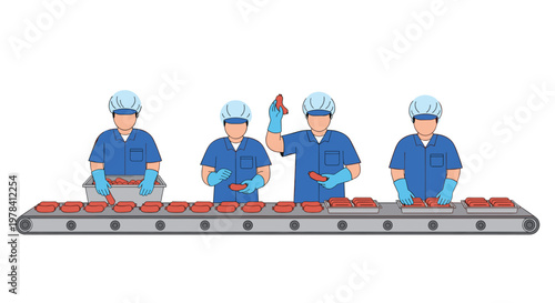 Team of four factory workers wearing blue uniforms and protective hairnets carefully pack fresh sausages into trays on a moving industrial conveyor.
