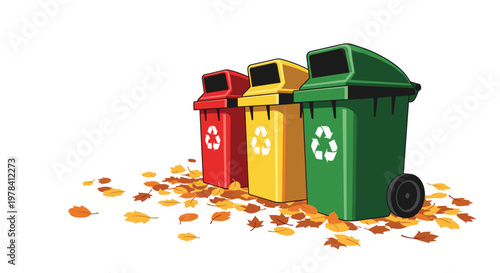 Three large recycling bins in red yellow and green colors are shown from a side perspective with black wheels and lids on a bed of dry autumn leaves.