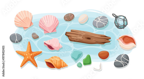 Beautiful collection of various seashells an orange starfish smooth pebbles weathered driftwood and colorful sea glass rests on a light blue water area.