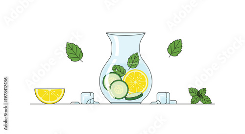 A refreshing glass pitcher containing crisp cucumber slices and bright yellow lemon rounds floats amidst fresh green mint leaves in cool sparkling water.