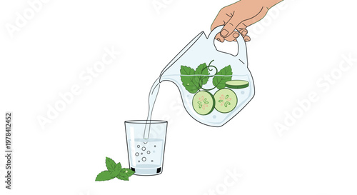 A steady hand pours refreshing infused water containing cucumber slices and mint leaves from a clear glass pitcher into a waiting drinking glass vessel.