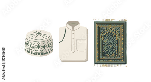 A traditional patterned Kufi cap sits beside a meticulously folded cream Thobe garment and a detailed green prayer rug on a plain white background.