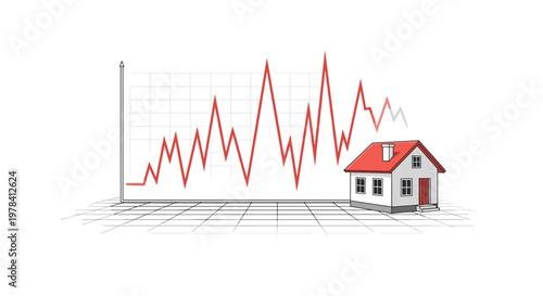 A small suburban house with a bright red roof sits beside a volatile red line graph depicting sharp economic fluctuations on a precise white grid chart.