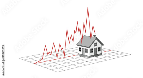 A modest grey house is positioned on a three-dimensional perspective grid while a jagged red line graph rises sharply and steadily into the background.