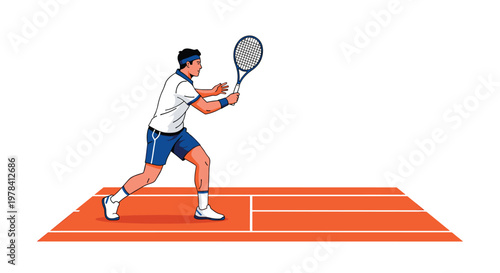 A focused male athlete wearing a blue headband and matching shorts executes a powerful backhand stroke on a vibrant orange clay tennis court background.
