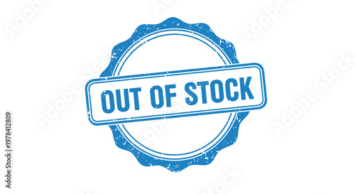 A textured blue rubber stamp with a decorative scalloped edge displays the bold white text OUT OF STOCK for retail and inventory management purposes.