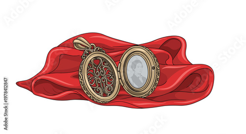 A meticulously crafted antique gold locket rests elegantly upon a piece of vibrant crimson silk fabric against a pristine white background in soft light.