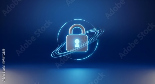 Cyber security concept featuring a glowing digital padlock icon with abstract neon rings on a dark blue background