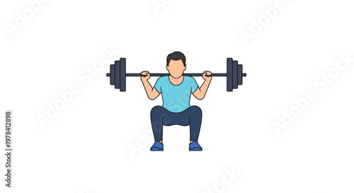 A determined male athlete wearing a vibrant light blue t-shirt performs a deep weighted squat exercise with a heavy black barbell on a white background.