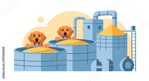 Two joyful golden retrievers look out from behind large industrial storage silos filled with golden grain against a warm yellow circular sun background.