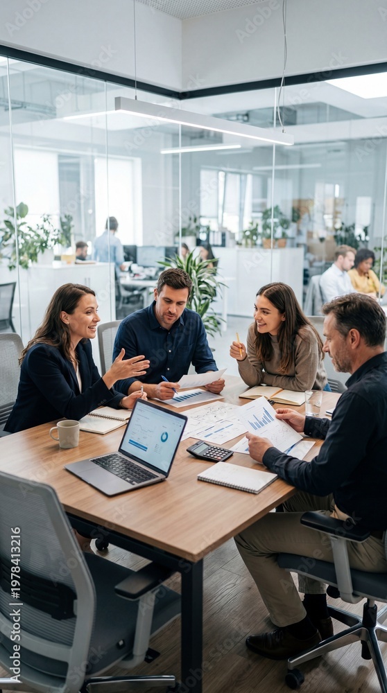 Fototapeta premium Small Business Team Discussing Budget Around Conference Table, Laptop