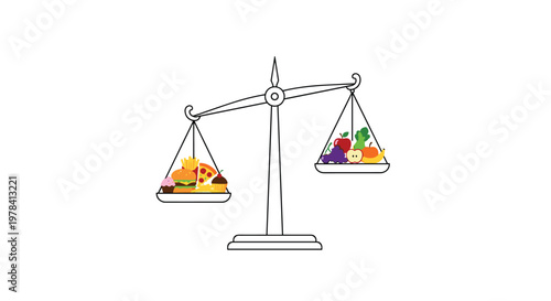 A classic metal balance scale compares a heavy pile of greasy fast food items against a lighter collection of fresh colorful fruits and green vegetables.