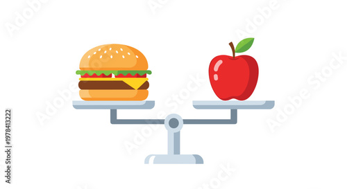 A modern grey balance scale holds a large layered cheeseburger on one side and a single bright red apple on the other against a white background.