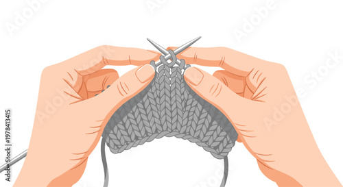 Detailed close up perspective of hands holding two metal knitting needles while creating a ribbed pattern with soft grey wool yarn material against white.