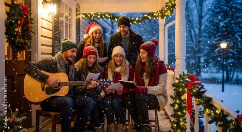 Snowy Serenade: A Group of Friends Embraces the Holiday Spirit with Christmas Carols on a Cozy Porch as Snowflakes Dance, Creating a Heartwarming and Timeless Scene of Friendship and Shared Joy, Fille