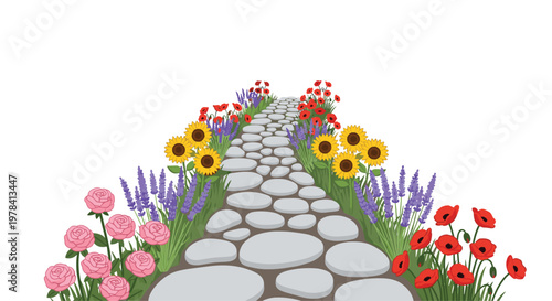 A picturesque stone walkway meanders through a lush floral garden filled with radiant sunflowers and delicate poppies under a bright white sky with soft glow.