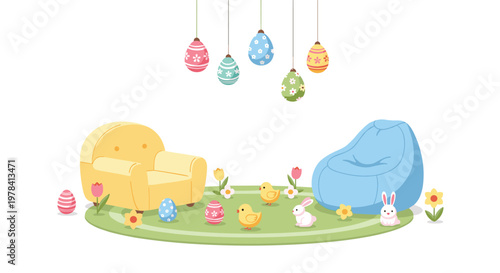 Festive decorated Easter eggs hang above a charming indoor scene featuring a plush yellow armchair and a blue beanbag surrounded by adorable chicks and bunnies.
