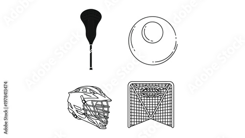 Lacrosse Elements: A graphic illustration showcasing key lacrosse gear, including a lacrosse stick, ball, helmet, and goal, perfect for sports enthusiasts and instructional content.